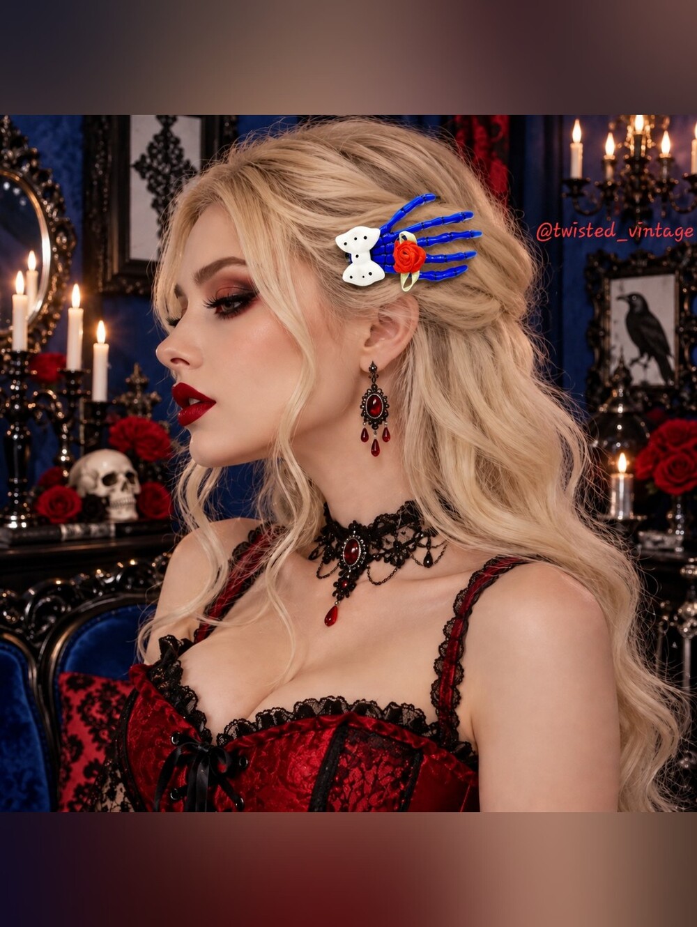 Hand Embellished Gothic Lolita Skeleton Hand Hair Clip Red White Blue Halloween